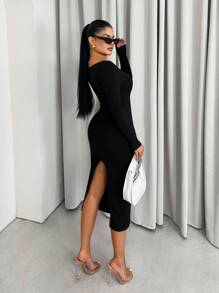 Zolique Seamless Knit Long Sleeve Integrated Romper Bodycon Dress Fall Cloth For Women - Black - View 2