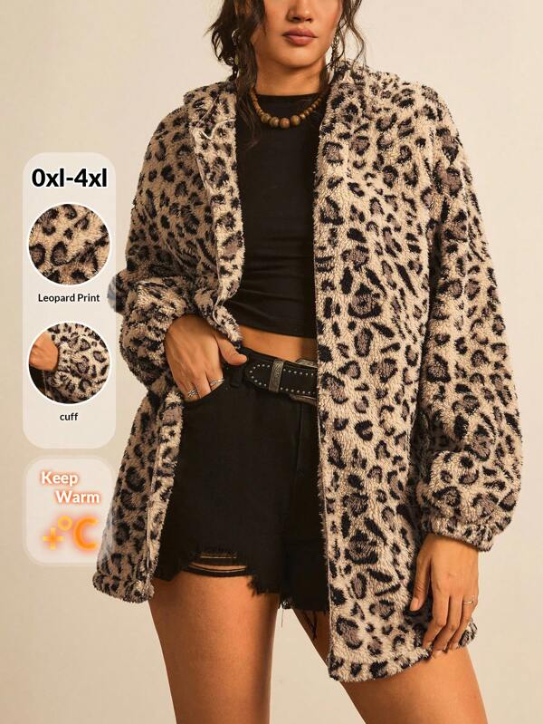 Freevana Plus Size Women Leopard Print Reversible Fluffy Hooded Jacket Leopard Print Jacket Women Animal Print Jacket Fuzzy Leopard Jacket Leopard Print Sherpa Jacket Fall Clothes For Women Winter Autumn
