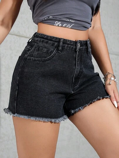 SHEIN PETITE 女式纯色休闲牛仔短裤