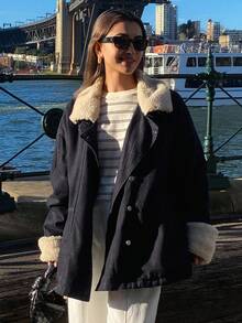 DAZY Women's Casual Padded Coat With Denim And Faux Fur Patchwork, Loose Fit, Suitable For Autumn/Winter Jacket - Navy Blue - View 4