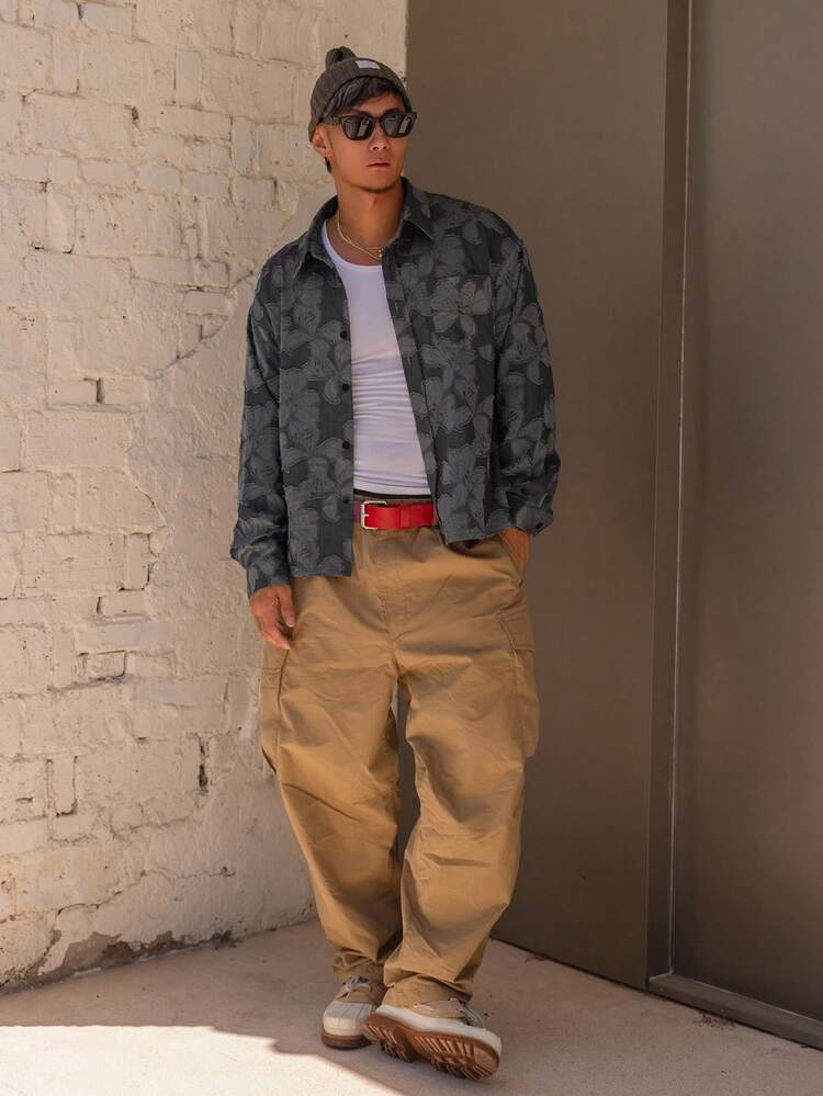 Autumn Dark Grey Floral Textured Fabric Street Style Short Men's Shirt, For Fall