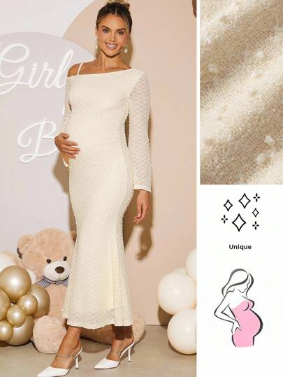 Loomaby 孕妇纯色不对称领口长袖鱼尾下摆优雅连衣裙