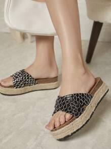 SHUZIA 露趾紋理質感帶編織涼鞋 - 黑色 - 查看 1