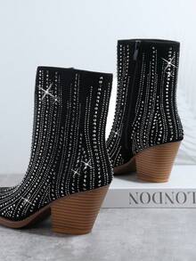 SHUZIA 水鑽細節粗跟靴子 - 黑色 - 查看 4