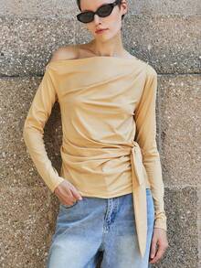 Lumivelle Top Casual com Gola Assimétrica, Manga Longa, Amarração na Cintura e Pregas, Roupas de Primavera para Universidade, Vestuário de Outono para Mulheres