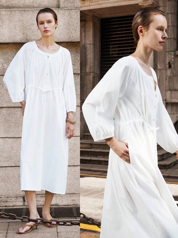 Lumivelle Women's Solid Color Round Neck Lantern Sleeve Loose Casual Dress SummerHoliday Sunny Journey Vacay Vibes All White Clothes For University Casual Outfits Spring