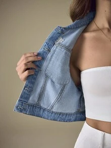 Selenza Floral Hollow-Out Pearl Decor Women Denim Jacket - Medium Wash - View 8