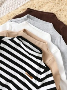 SHEIN 5pcs/Set Newborn Baby Unisex Striped Long Sleeve Rompers, Casual Knitted Basic Bodysuits, Autumn/Winter Baby Clothes Fall
