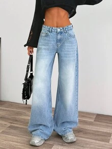 EURMUSE WOMEN LOOSE LOW WAIST WIDELEG LIGHT WASH DENIM JEAN - Light Wash - View 5