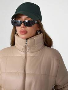 EURMUSE 女士短款羽绒夹克 - 米色绗缝拉链外套，带拉环，冬季保暖外套 - 米色 - 查看 6