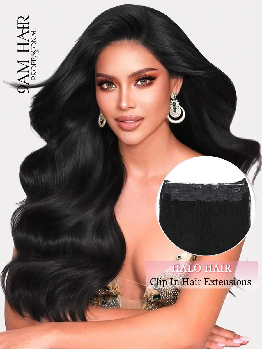 9AM Hair Halo Hair Extensions Real Human Hair 14-20 Inch Invisible Wire Hair Extensions Real Human Hair Jet Black Hair Halo Extensions For Women Adjustable Wire Secret With Clips In Human Hair - S1 - View 1