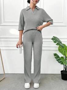 Cottnline Cotton Women's Solid Color Ribbed Ringer Top & Long Pants 2 Pieces Set, Summer Casual Outfit - Grey - View 4