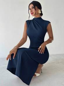 Firerie 女士优雅简约休闲日常通勤度假时尚新款小立领垂坠袖收腰杏色长款连衣裙，夏季 - 藏蓝色 - 查看 8