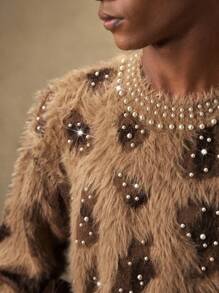 Áo len chui đầu thời trang nam AKNOTIC, họa tiết da báo jacquard đính ngọc trai giả, mẫu mới Thu/Đông, dáng rộng thoải mái, sang trọng cho Giáng sinh, Năm mới. - Cà phê nâu - Xem 3