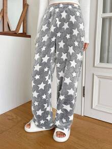 DAZY Flannel Thicken Allover Star Pattern Fluffy Bottoms, Thermal Lined Fall, Winter, Cozy - Light Grey - View 1