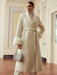 ZEYLAH Áo khoác len pha trộn thanh lịch dành cho nữ có cổ tay bồng bềnh, Thu/Đông - trắng - Xem 4