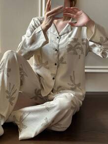 SHEIN 女士翻领度假风热带印花长袖睡衣套装，秋冬舒适优雅细节