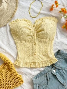 Soleia 女式浅黄色休闲纹理面料荷叶边下摆纽扣前背心，适合派对、圣诞节、约会、夜总会、波西米亚风、波西米亚风、度假、秋季 - 淡黃色 - 查看 3