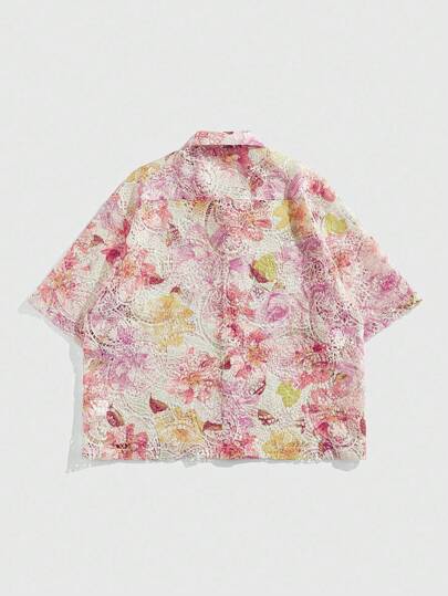 Street Life Men's Vacation Gradient Color Water-Soluble Lace Semi-Sheer Vacation Shirt, Summer