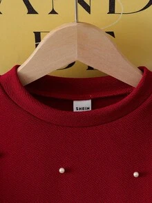 年轻女孩勃艮第圆领串珠长袖白色侧边下摆上衣，适合日常穿着、返校、优雅派对、圣诞节、春秋、秋冬 - 酒紅色 - 查看 4