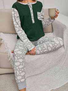EURMUSE 棉质 2 件凸起面料云朵印花口袋长袖衬衫和睡裤睡衣套装 - 綠色 - 查看 3