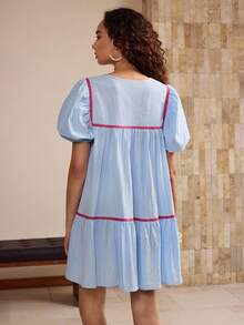 Glamance Vecteezy 女士花卉刺绣流苏系带领宽松泡泡袖休闲连衣裙外出秋季优雅连衣裙新年 - 藍色 - 查看 2