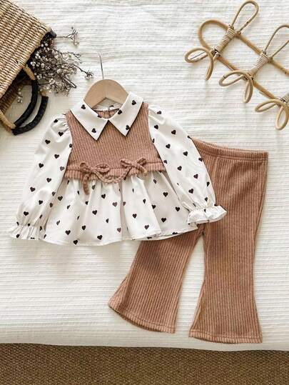 LMoss Kids LMoss 女婴爱心图案针织 Polo 领休闲 T 恤和打底裤两件套，秋季服装，秋季套装，女婴秋季服装，秋季套装，女婴冬季服装