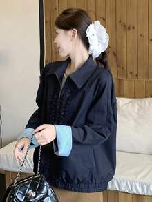 DAZY جاكيت كاجوال فضفاضة للنساء بياقة منقلبة وأكمام مربعة ومطاطية في الخصر، تصميم كشكش وتباين ألوان مناسبة للخريف والشتاء