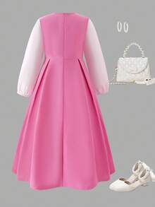 Tween Girls Cute White Floral Decor Contrast Color Comfortable Fashion Long Sleeve Dress, Autumn/Winter Back-To-School - Pink - View 2