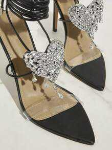 SHUZIA Women Elegant Heart Shape Rhinestone Decor Black Cross Strap High Heel Sandals - Black - View 5