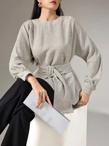 Heiryn 女士圆领蝙蝠袖打结腰优雅衬衫 - 米色 - 查看 3