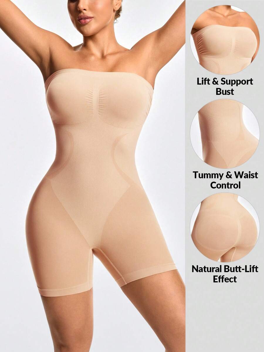 SHAPORA Women's Solid Color Ruched Bandeau Romper - Beige - View 1