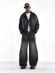 SUMWON Weave Pattern Faux Leather Harrington Jacket Quilted Design Wide Leg Streetwear Fall Winter Collection Outerwear - Black - View 1