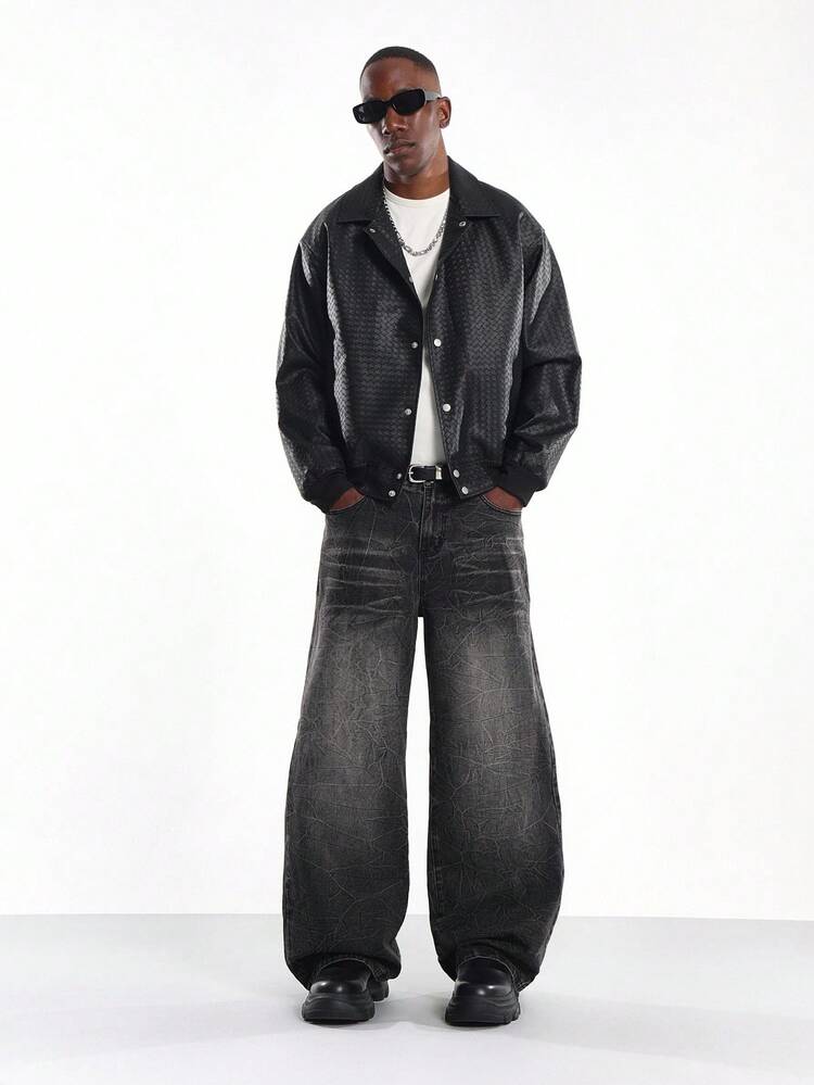 Quilted Weave Pattern Harrington Jacket With Button Closure