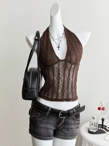 SHEIN Unity Women's Casual Sexy Fitted Tie-Up Backless Crop Top, Summer - Brown - View 4