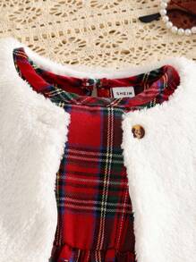 Souflis Souflis 2pcs Baby Girls Christmas Outfit: Plush Vest Jacket + Plaid Dress. Thermal Lined Jacket Vest Top Paired With Round Neck Long Sleeve Plaid Red Dress Skirt, Suitable For Daily Outings Or Christmas Holiday In Autumn/Winter Fall - Red - View 4
