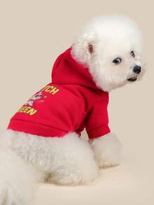 PETSIN 1 件秋冬宠物服装，温暖套头连帽衫，红色印花运动衫，适合猫狗 - 紅色 - 查看 4