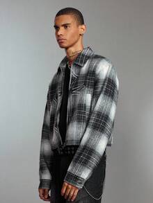 ROMWE MEN Street Life Sobretudo xadrez curto bordado cruzado masculino, corte solto, outono inverno - Preto e Branco - Ver 3
