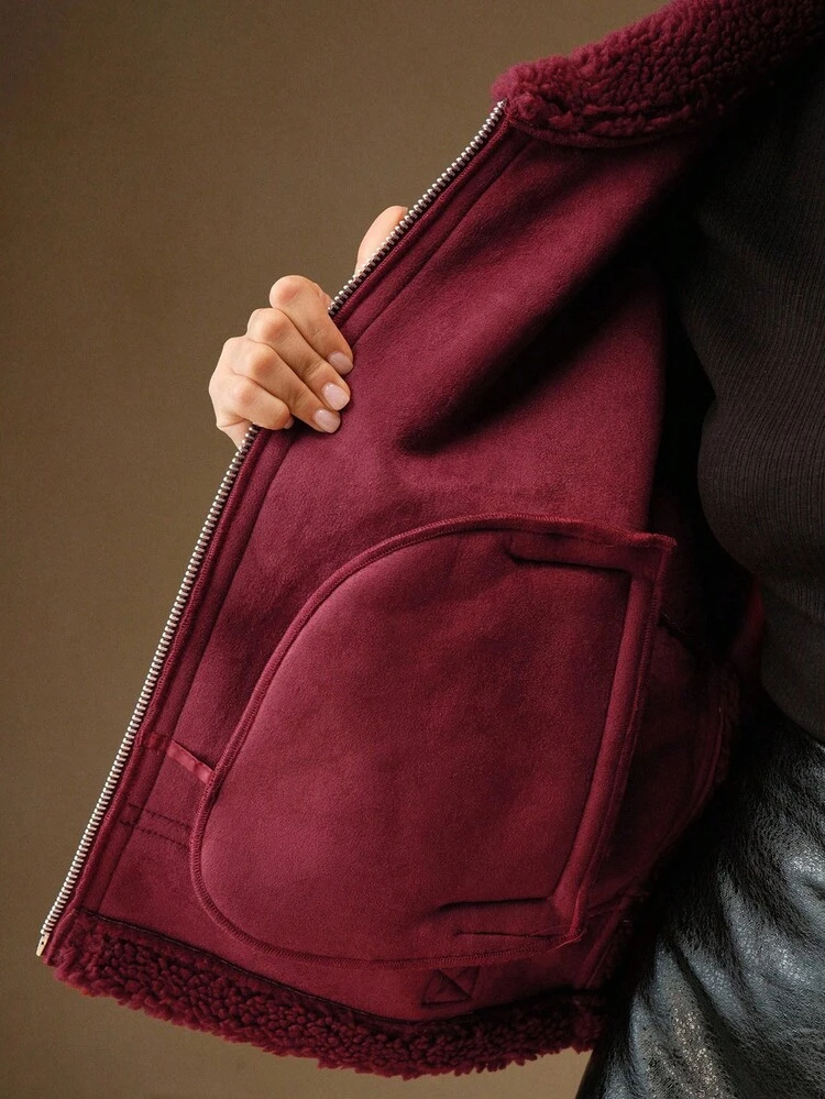 Women's Casual Faux Leather Patchwork Lamb Wool Blend Short Loose Fit Jacket, Autumn/Winter