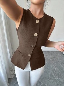 Selianne Fashionable Sleeveless Waist Cinched Black Jacket With Gold Button Decor, Versatile For Daily Wear, Spring/Summer - Brown - View 6