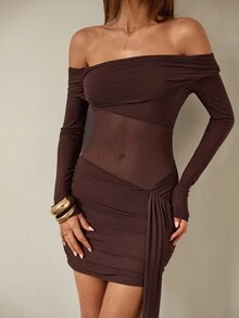 SHEIN BAE Robe moulante mini semi-transparente à manches longues et à taille nouée, en marron et kaki. Convient pour les sorties quotidiennes, les fêtes, les tenues élégantes pour femmes. Idéale pour les cocktails, les rendez-vous romantiques, les soirées et les cérémonies, les robes de demoiselle d'honneur, les robes de soirée. - Tabac - Voir 8