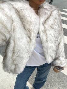 SHEIN EZwear 女士秋冬前开襟短款毛绒外套 - 白色 - 查看 3