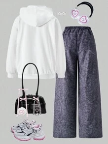 SHEIN Streecool Kids 2pcs/Set Teen Girl Hoodie Sweatshirt & Printed Pants Set Fall Winter