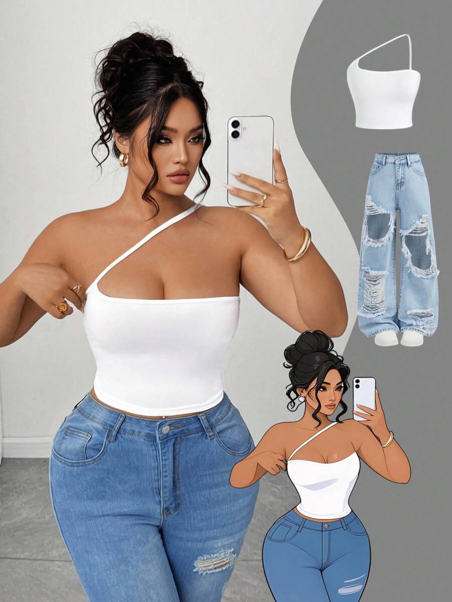 Elenzga Plus Size Women's Sexy Minimalist Solid Color Sleeveless Fitted Blouse, Summer - White - View 1