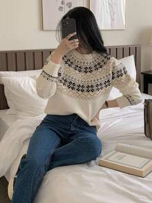 DAZY Suéter de punto jacquard de cuello redondo, estilo suelto y retro, suave para otoño, invierno, Navidad y Año Nuevo - Beis - Ver 3