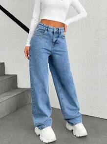 EURMUSE HIGH RISE STRAIGHT CUT JEAN WITH PINKY DETAIL - Medium Wash - View 4