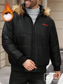 Manfinity Homme 大码男式长袖拉链领拼布毛茸茸休闲连帽冬季夹克 - 黑色 - 查看 6