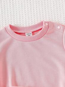 Baby Girls Loose Casual Round Neck Pink Sweatshirt Paired With Heart Pattern Suspender Velvet Pants Set, Autumn/Winter - Pink - View 8