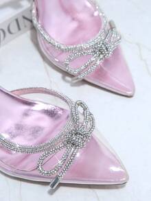 水鑽&蝴蝶結裝飾尖頭細跟后提帶高跟單鞋