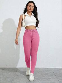 SHEIN SXY Quần Jeans Denim Ôm Dáng Có Túi Cạp Cao Cho Nữ, Kiểu Dáng Thường Ngày Đa Năng - Hồng - Xem 4